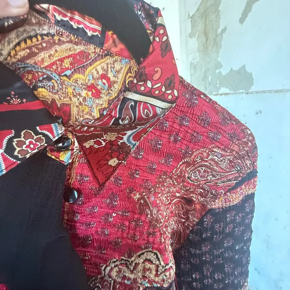 Vintage Ruffle Blouse Patchwork Crinkle Chiffon‎ Ornate Baroque Glam Maximalist - Picture 6 of 6